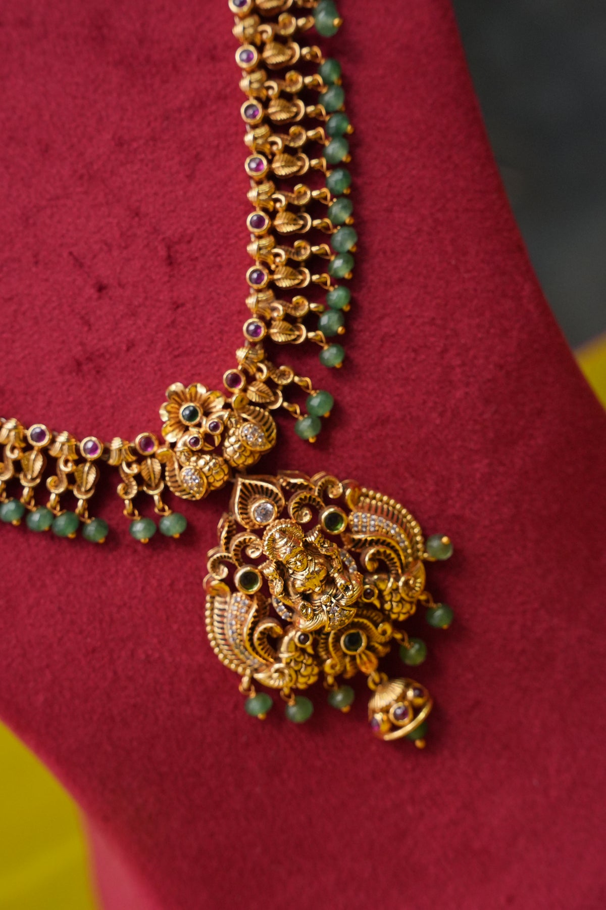 Antique Gold-Plated Temple Long Necklace Set with Emerald Green Bead Drops
