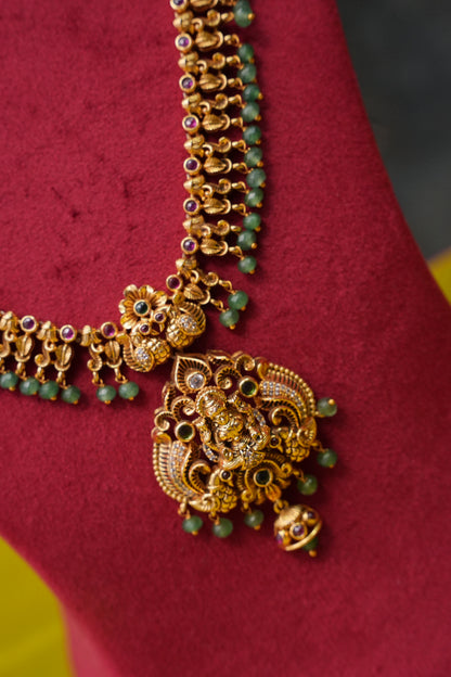 Antique Gold-Plated Temple Long Necklace Set with Emerald Green Bead Drops