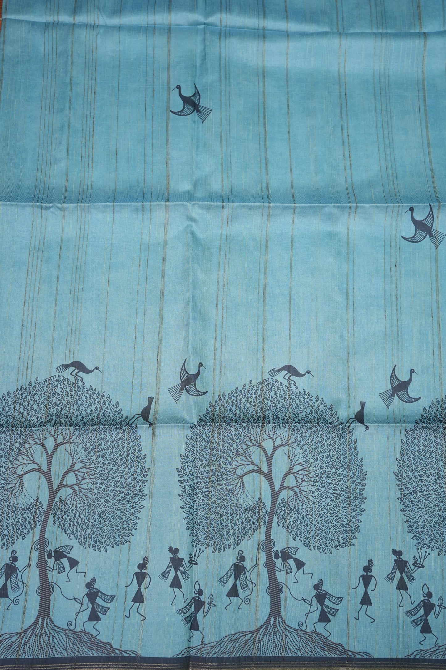 Pure Khaddi Cotton Saree with Warli Art Design – Aqua Blue & Charcoal Grey