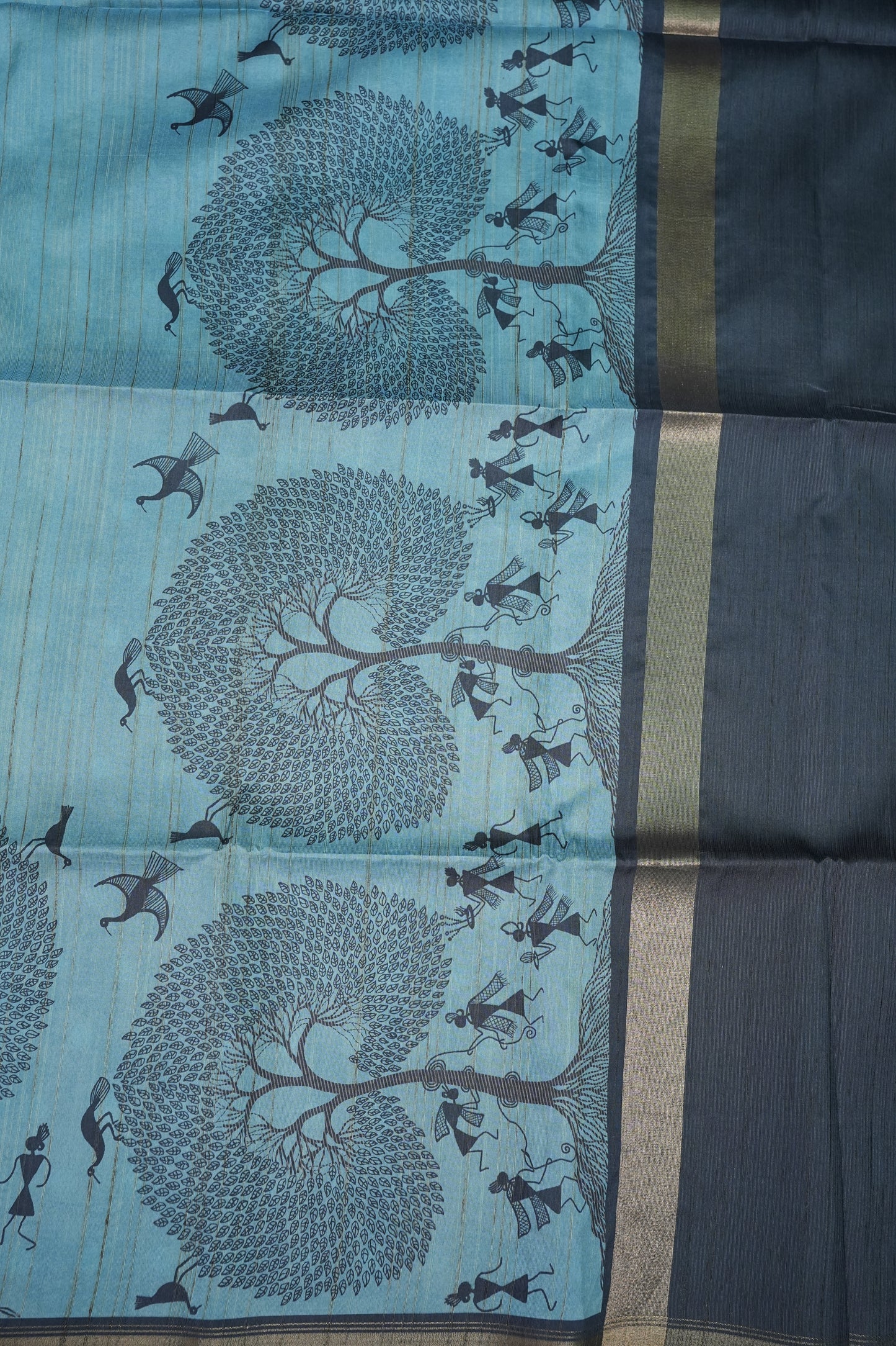 Pure Khaddi Cotton Saree with Warli Art Design – Aqua Blue & Charcoal Grey