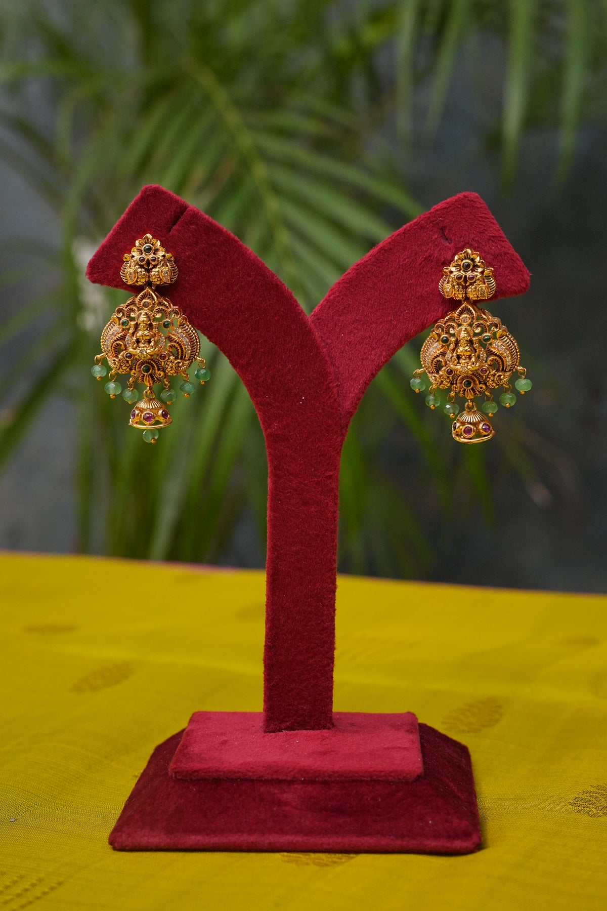 Antique Gold-Plated Temple Long Necklace Set with Emerald Green Bead Drops