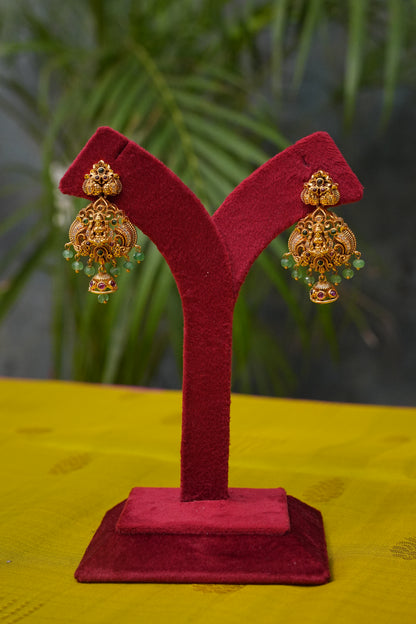 Antique Gold-Plated Temple Long Necklace Set with Emerald Green Bead Drops