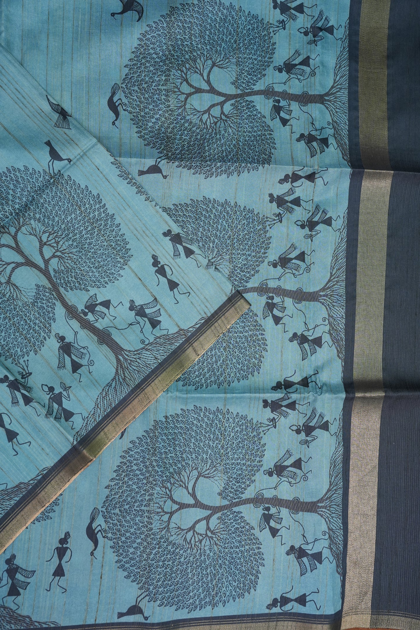 Pure Khaddi Cotton Saree with Warli Art Design – Aqua Blue & Charcoal Grey