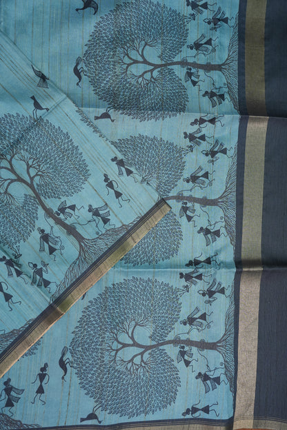 Pure Khaddi Cotton Saree with Warli Art Design – Aqua Blue & Charcoal Grey