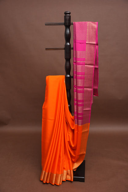 Plain Pure Crepe Mysore Silk Saree in Orange With Contrast Pink Pallu & Blouse