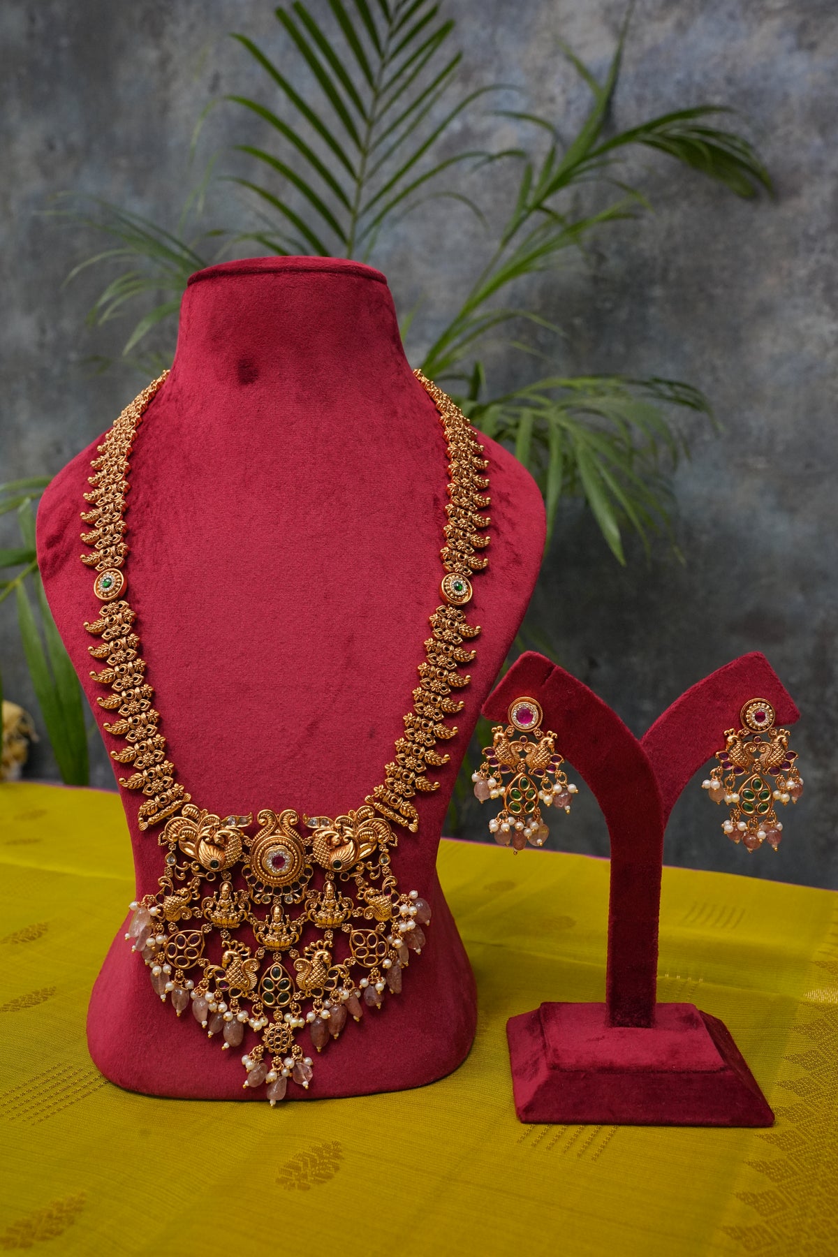 Antique Gold-Plated Temple Long Necklace Set with Blush Pink Stone Drops