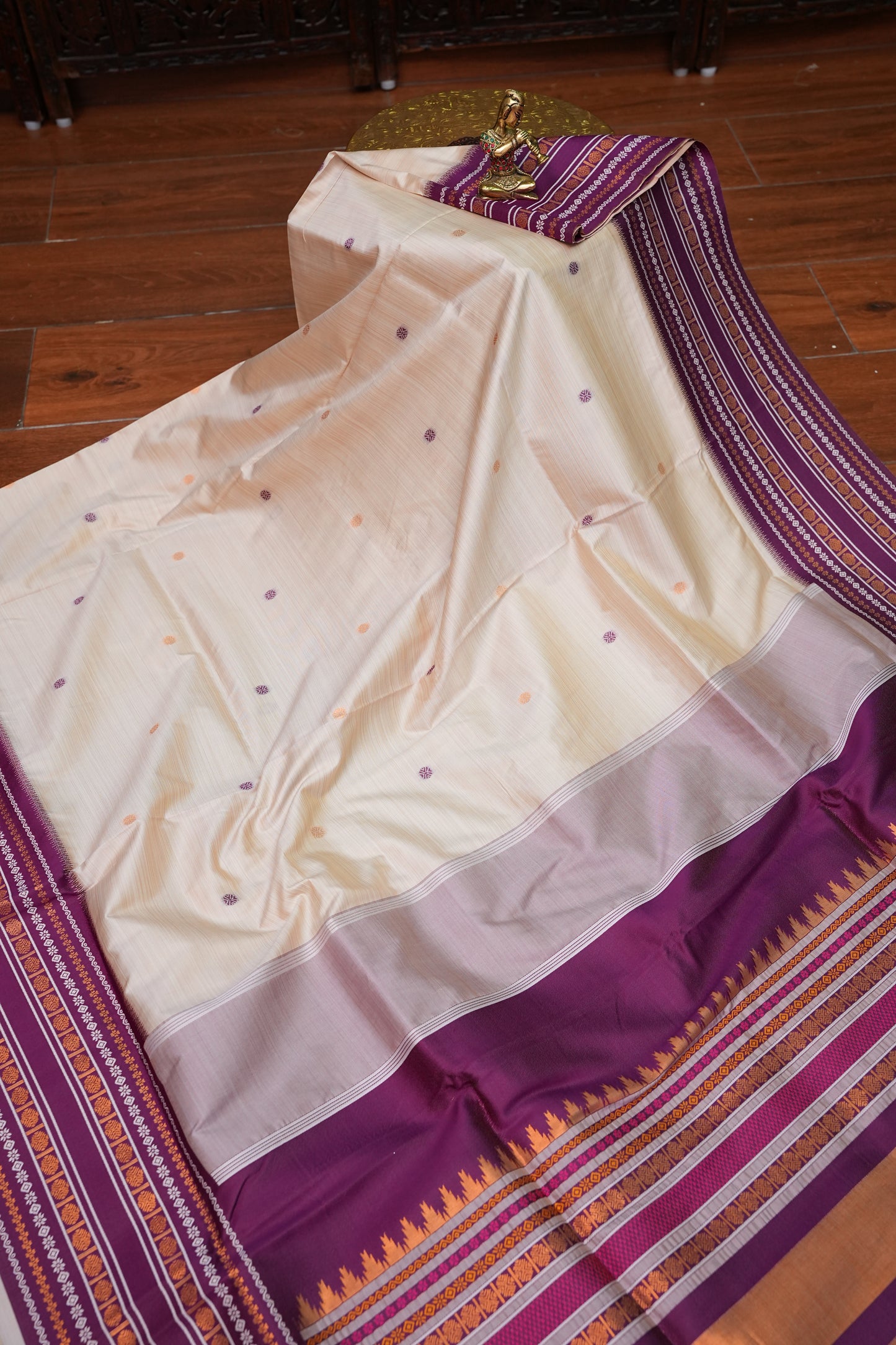 Pure Khaddi Cotton Saree with Traditional Woven Border – Ivory & Purple