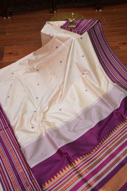Pure Khaddi Cotton Saree with Traditional Woven Border – Ivory & Purple