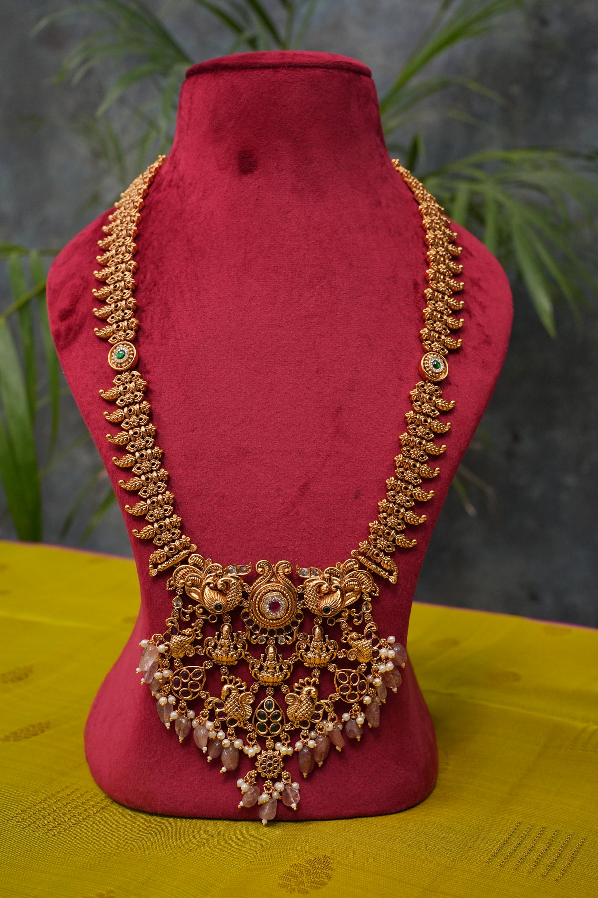Antique Gold-Plated Temple Long Necklace Set with Blush Pink Stone Drops