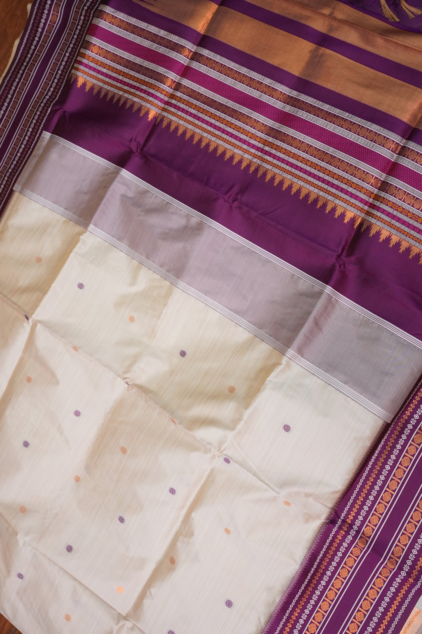 Pure Khaddi Cotton Saree with Traditional Woven Border – Ivory & Purple