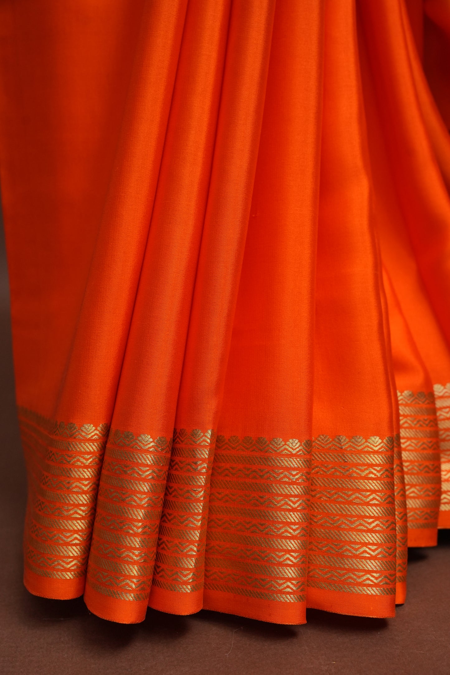 Plain Pure Crepe Mysore Silk Saree in Orange With Contrast Pink Pallu & Blouse
