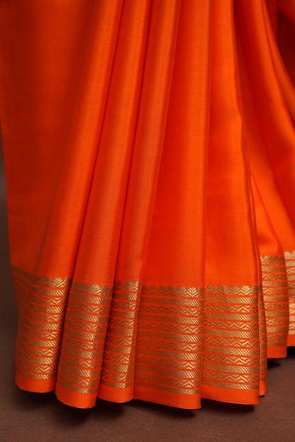 Plain Pure Crepe Mysore Silk Saree in Orange With Contrast Pink Pallu & Blouse