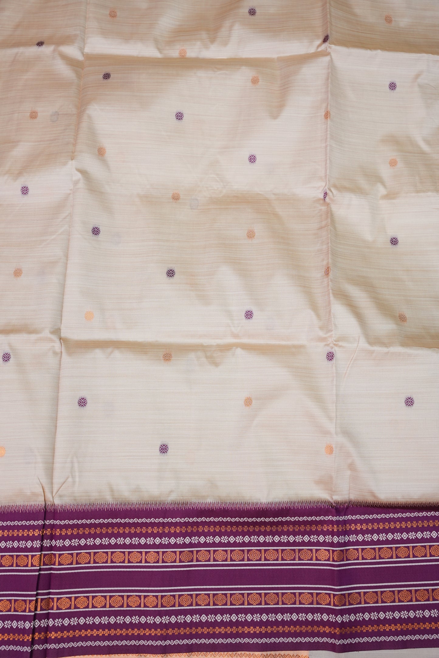 Pure Khaddi Cotton Saree with Traditional Woven Border – Ivory & Purple