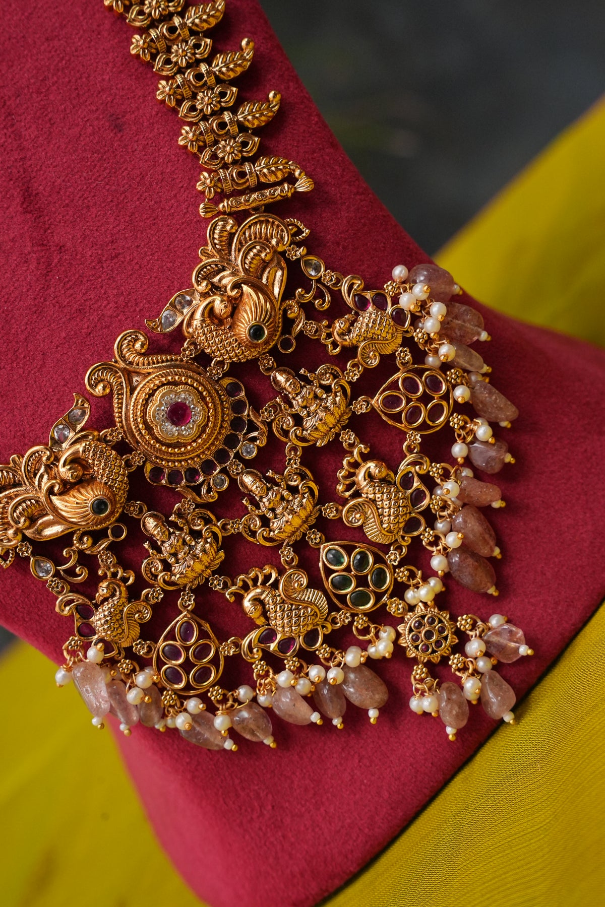 Antique Gold-Plated Temple Long Necklace Set with Blush Pink Stone Drops