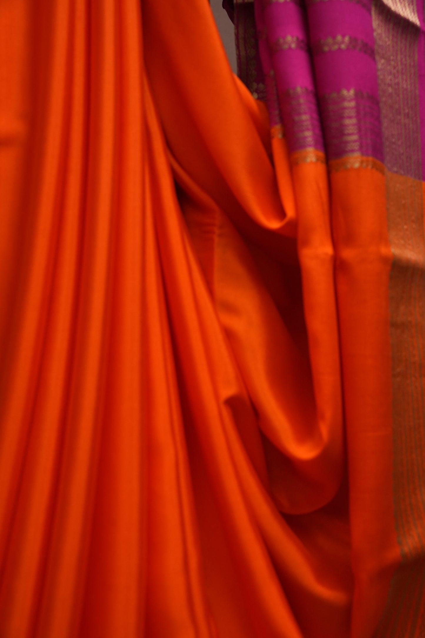 Plain Pure Crepe Mysore Silk Saree in Orange With Contrast Pink Pallu & Blouse