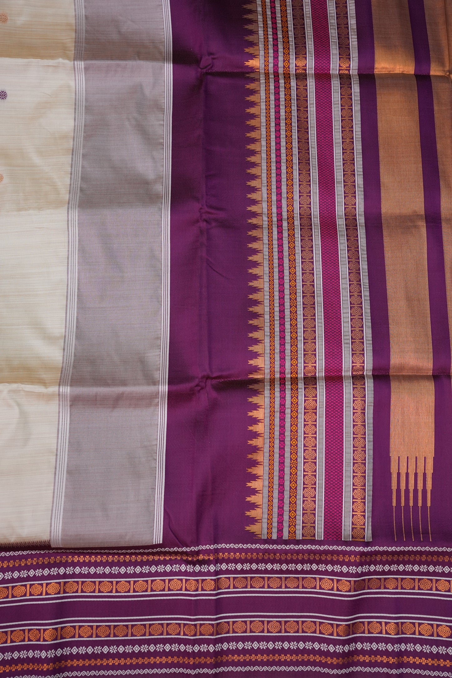 Pure Khaddi Cotton Saree with Traditional Woven Border – Ivory & Purple