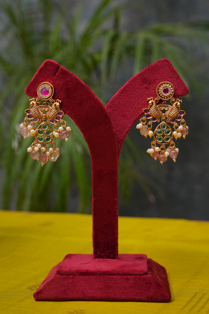 Antique Gold-Plated Temple Long Necklace Set with Blush Pink Stone Drops