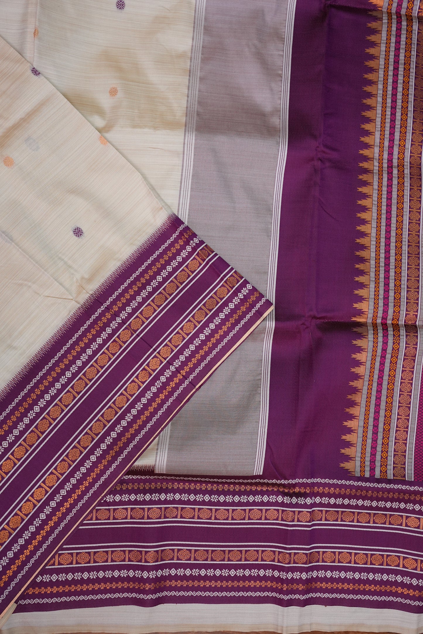 Pure Khaddi Cotton Saree with Traditional Woven Border – Ivory & Purple