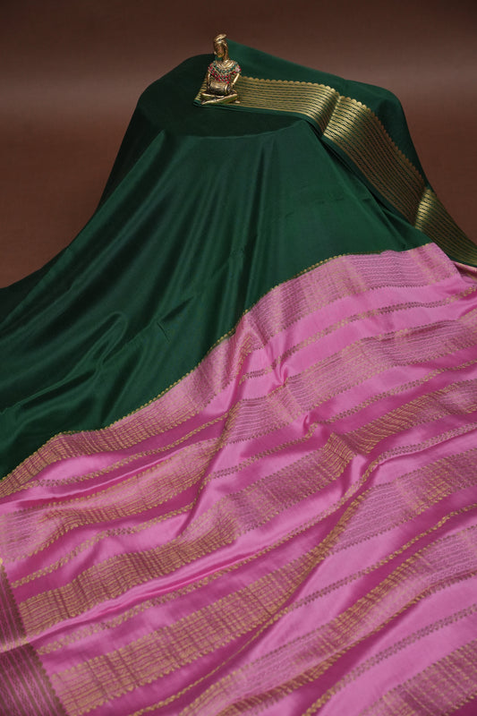 Plain Pure Crepe Mysore Silk Saree in Bottle Green With Contrast Baby Pink Border