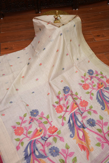 Pure Khaddi Cotton Saree with Peacock & Floral Design – Ivory & Pink