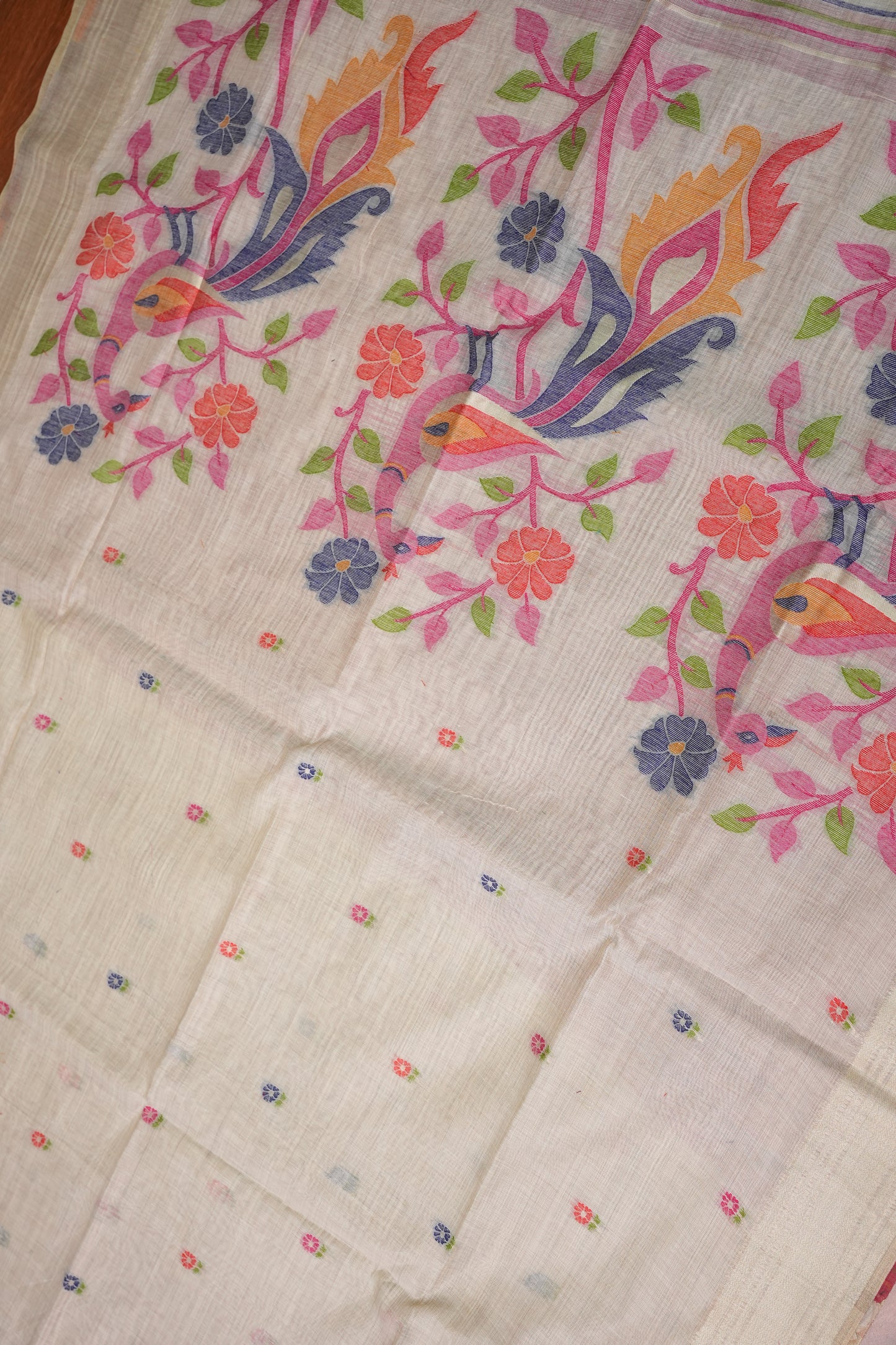 Pure Khaddi Cotton Saree with Peacock & Floral Design – Ivory & Pink