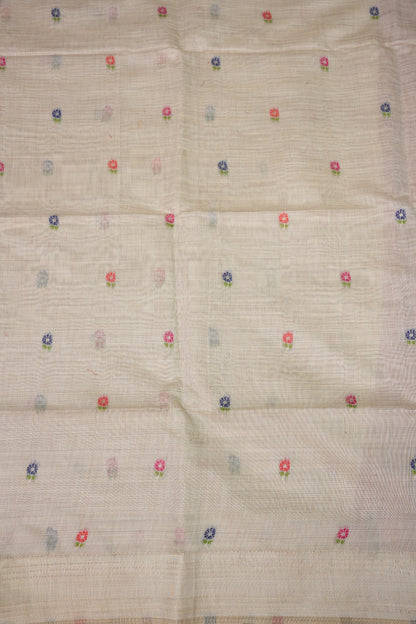 Pure Khaddi Cotton Saree with Peacock & Floral Design – Ivory & Pink