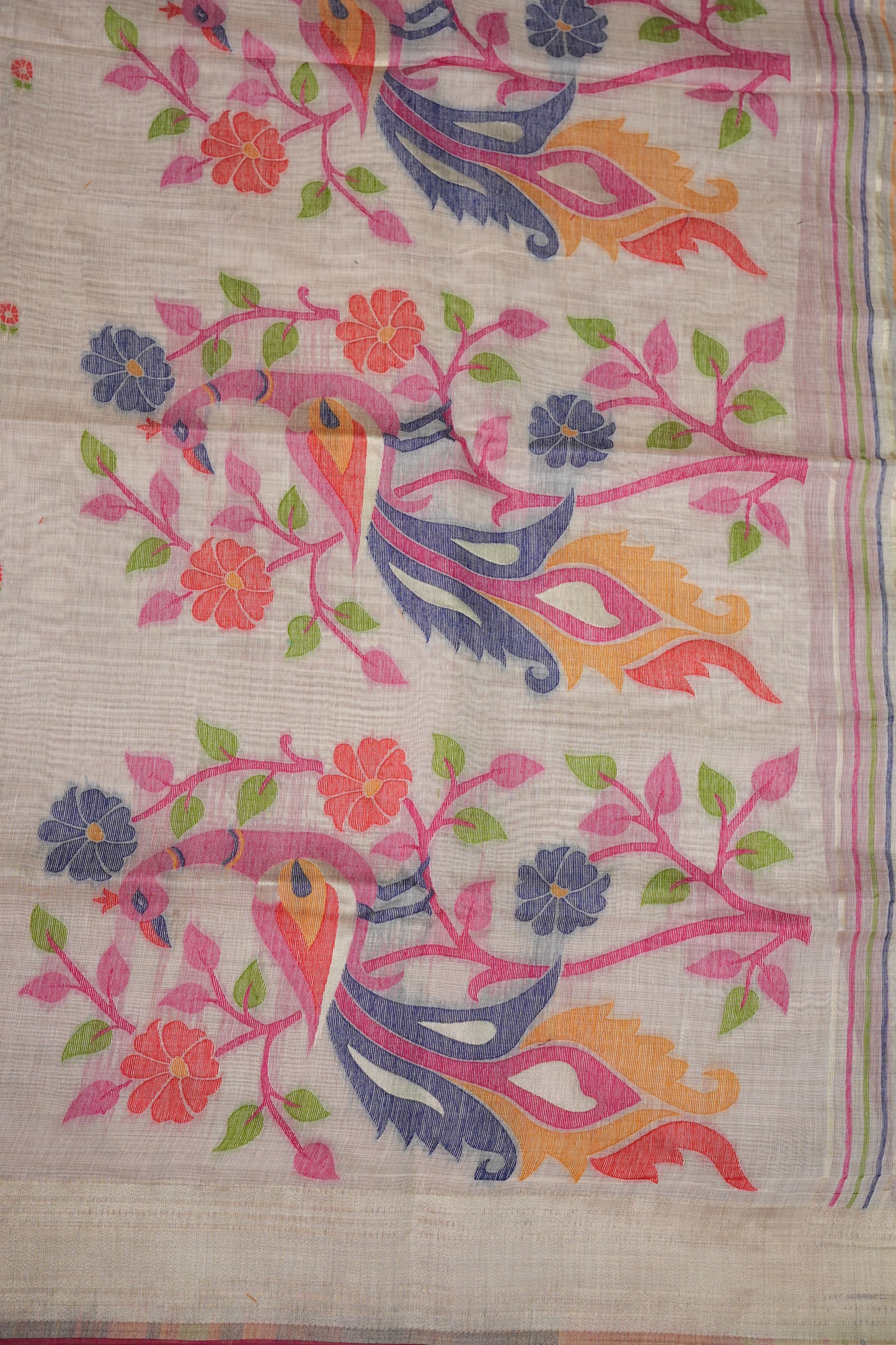 Pure Khaddi Cotton Saree with Peacock & Floral Design – Ivory & Pink