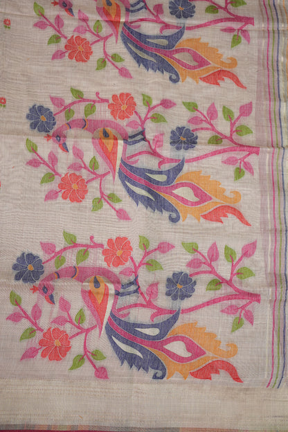 Pure Khaddi Cotton Saree with Peacock & Floral Design – Ivory & Pink