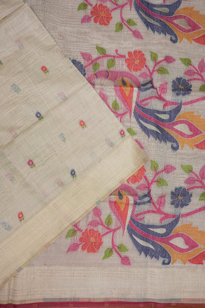 Pure Khaddi Cotton Saree with Peacock & Floral Design – Ivory & Pink