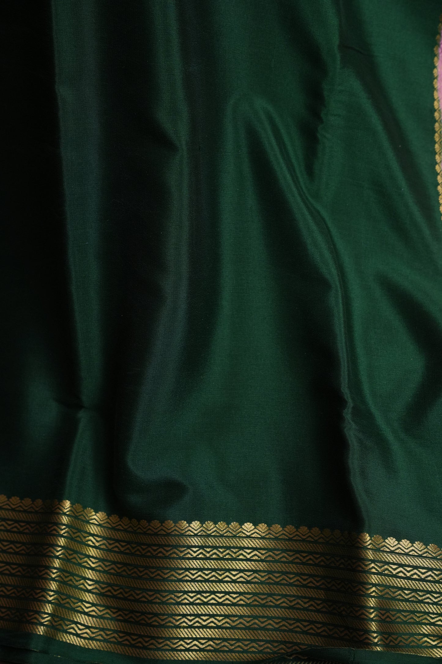 Plain Pure Crepe Mysore Silk Saree in Bottle Green With Contrast Baby Pink Border