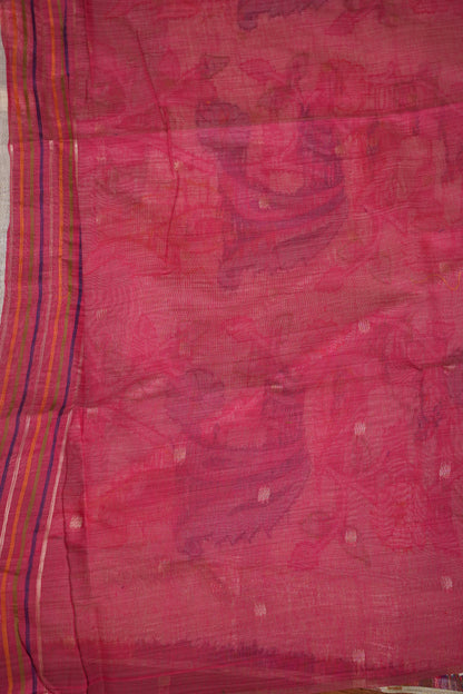 Pure Khaddi Cotton Saree with Peacock & Floral Design – Ivory & Pink
