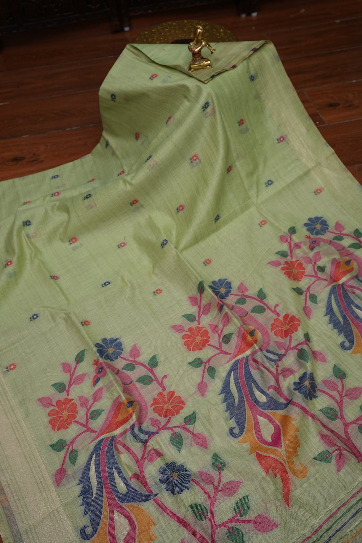 Pure Khaddi Cotton Saree with Peacock & Floral Design – Pastel Green