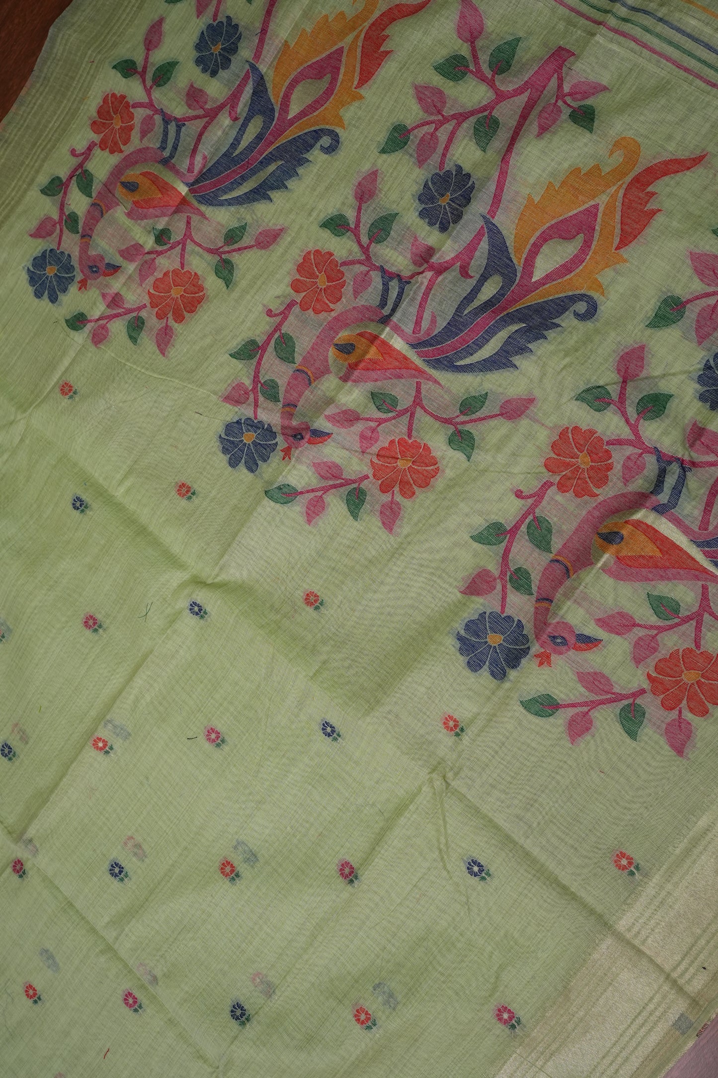Pure Khaddi Cotton Saree with Peacock & Floral Design – Pastel Green