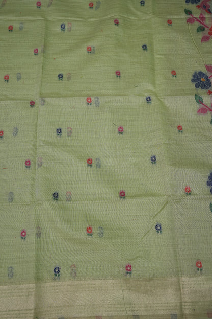Pure Khaddi Cotton Saree with Peacock & Floral Design – Pastel Green