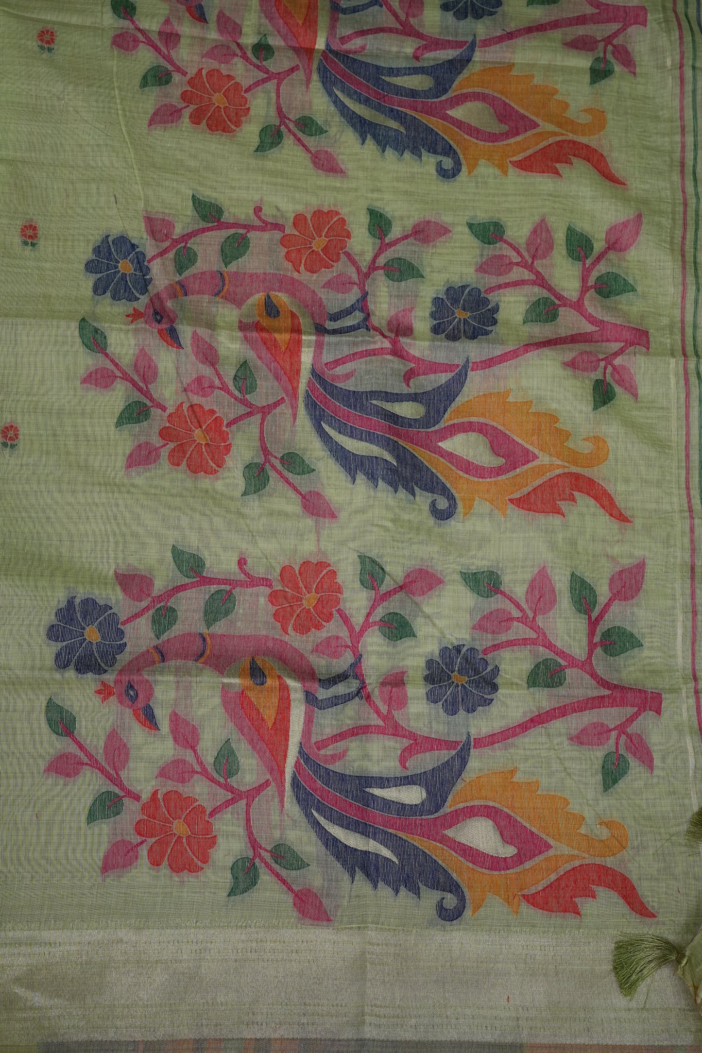 Pure Khaddi Cotton Saree with Peacock & Floral Design – Pastel Green