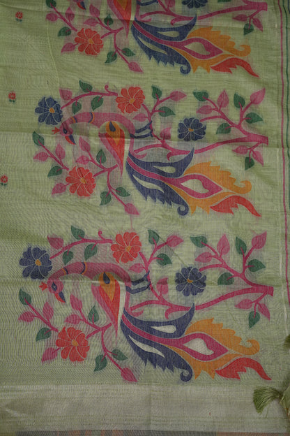 Pure Khaddi Cotton Saree with Peacock & Floral Design – Pastel Green