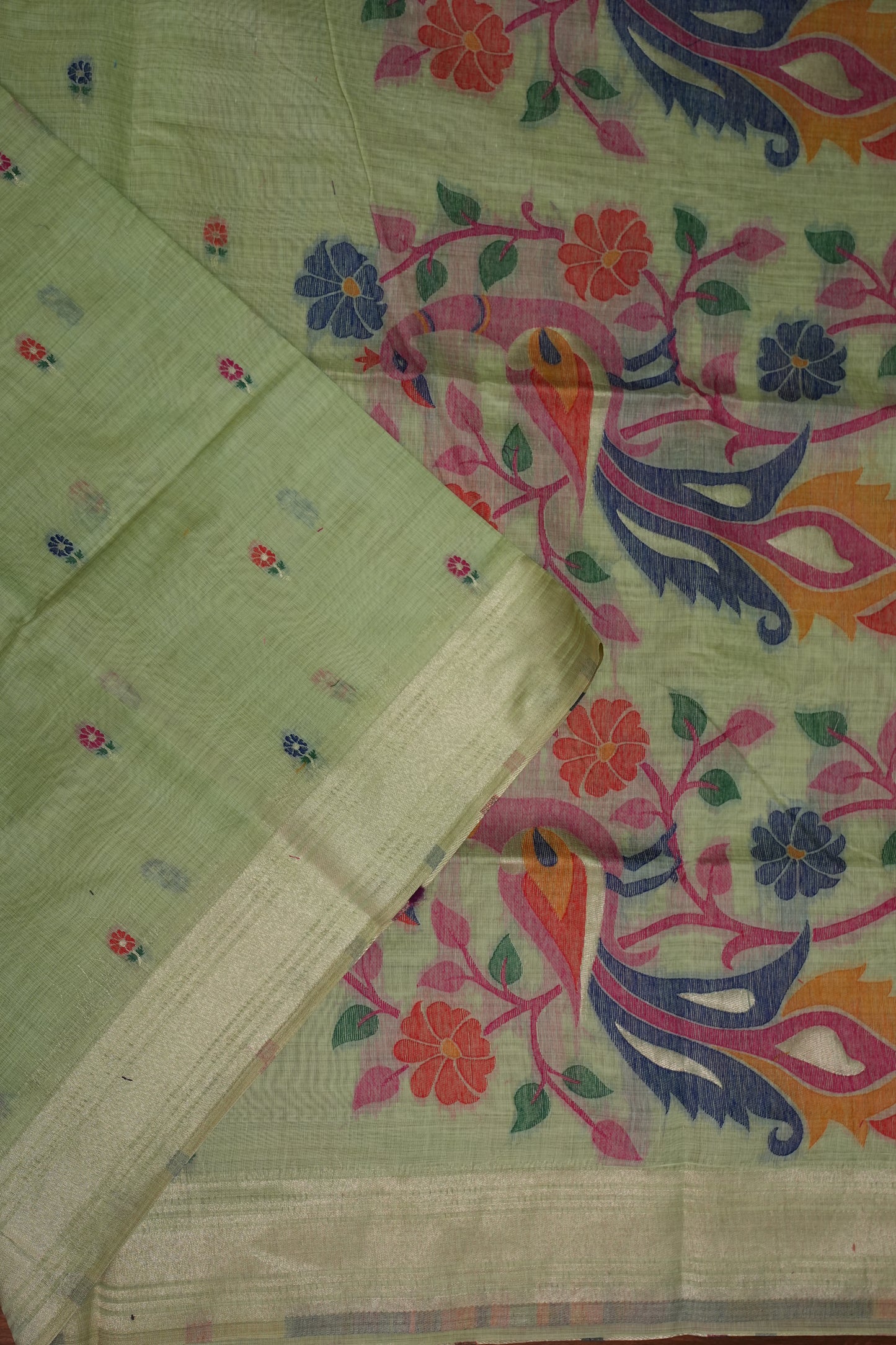 Pure Khaddi Cotton Saree with Peacock & Floral Design – Pastel Green