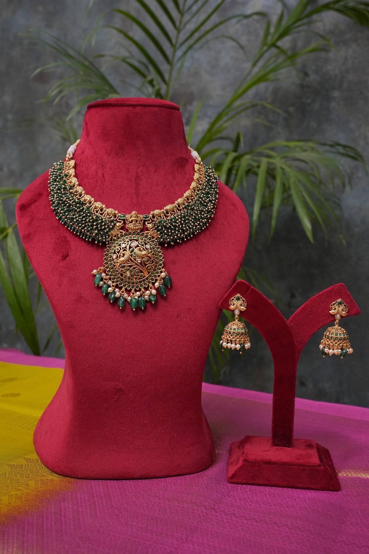 Antique Gold-Plated Temple Choker Set with Emerald Beadwork & Stone Drops