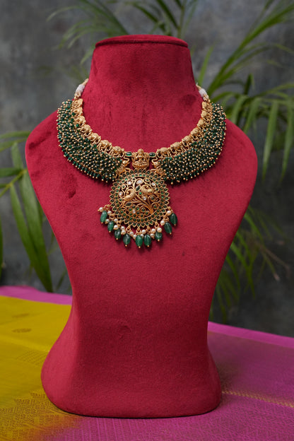 Antique Gold-Plated Temple Choker Set with Emerald Beadwork & Stone Drops