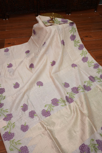 Pure Khaddi Cotton Saree with Floral Design – Ivory & Purple