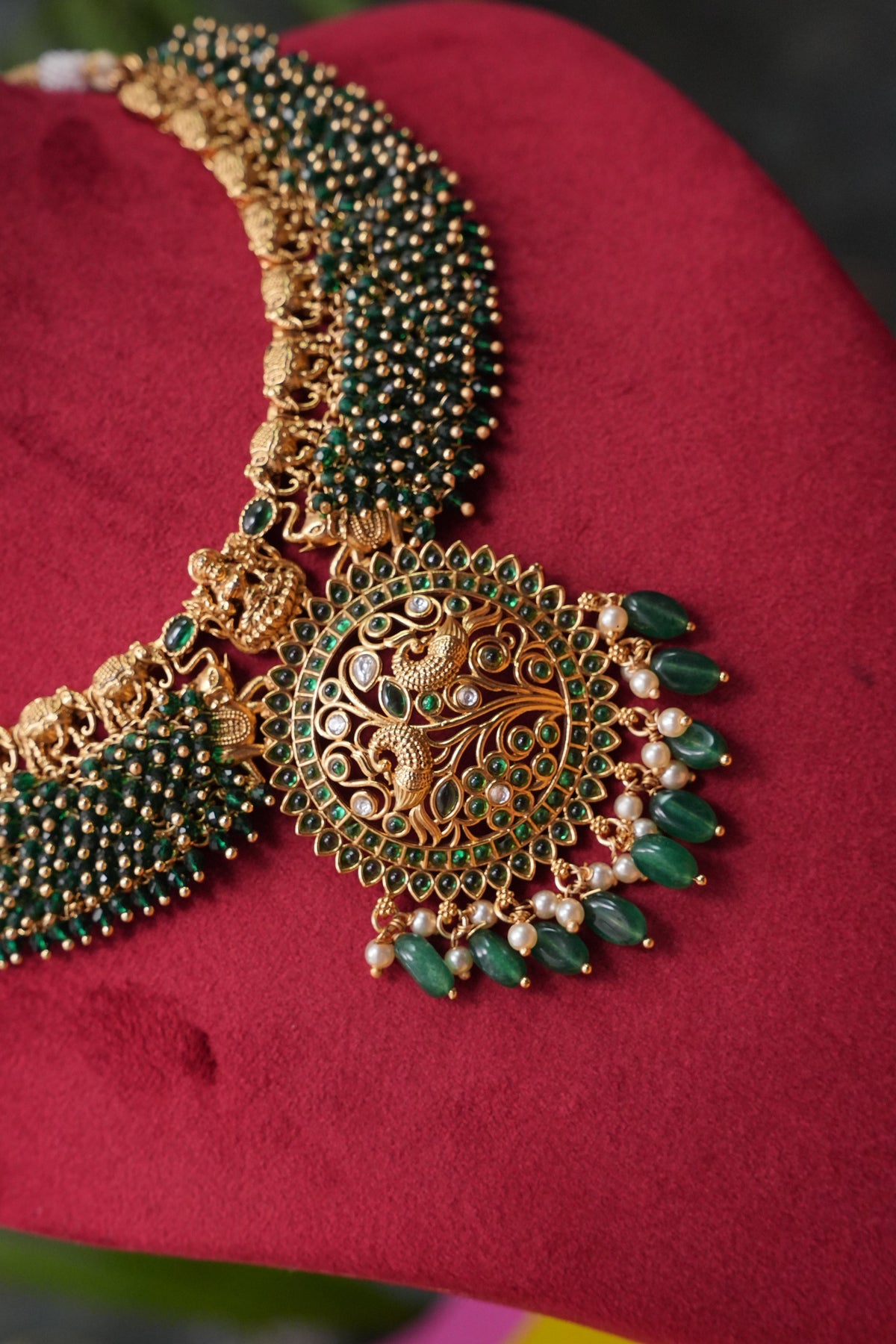Antique Gold-Plated Temple Choker Set with Emerald Beadwork & Stone Drops