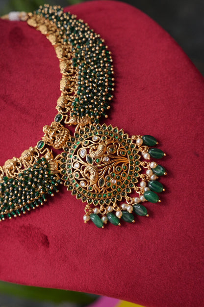 Antique Gold-Plated Temple Choker Set with Emerald Beadwork & Stone Drops