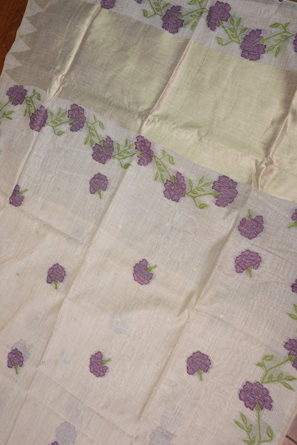 Pure Khaddi Cotton Saree with Floral Design – Ivory & Purple