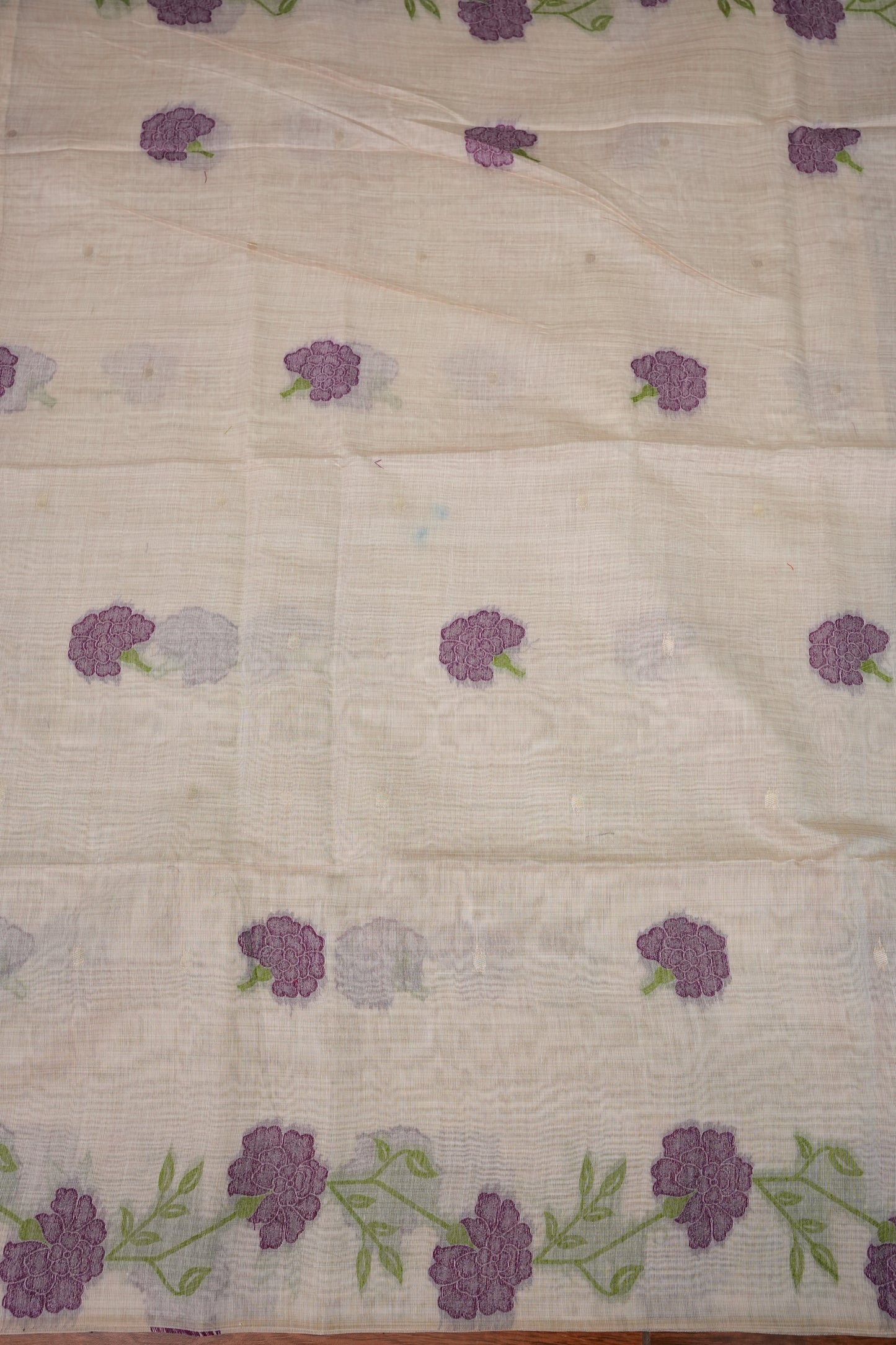 Pure Khaddi Cotton Saree with Floral Design – Ivory & Purple