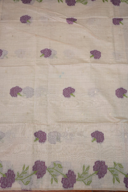 Pure Khaddi Cotton Saree with Floral Design – Ivory & Purple