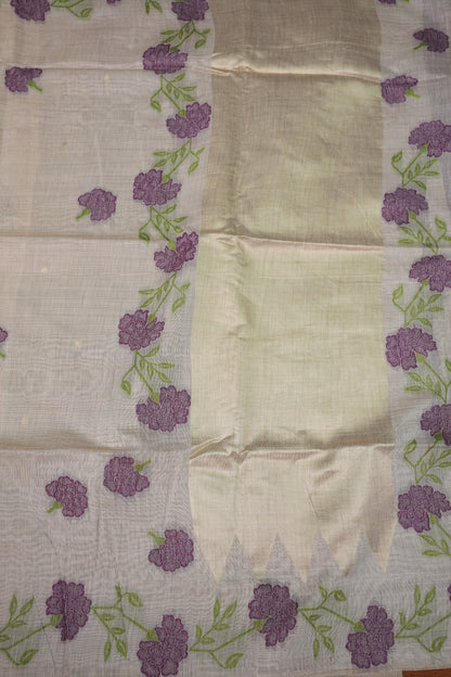 Pure Khaddi Cotton Saree with Floral Design – Ivory & Purple