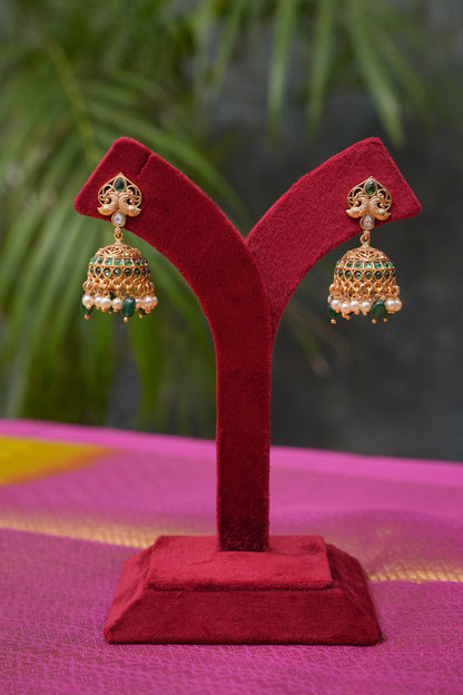 Antique Gold-Plated Temple Choker Set with Emerald Beadwork & Stone Drops