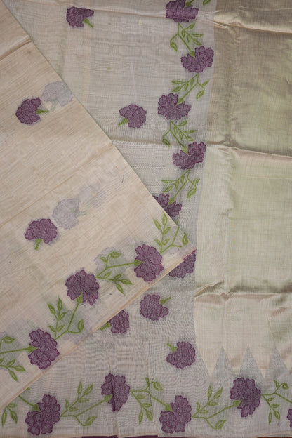 Pure Khaddi Cotton Saree with Floral Design – Ivory & Purple