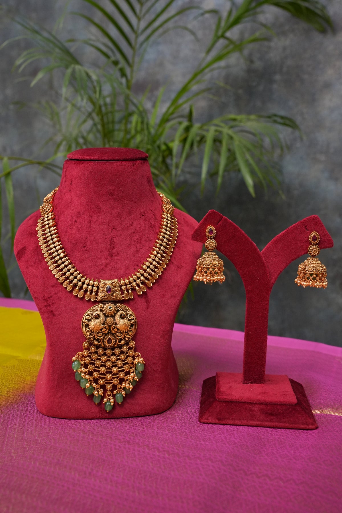 Antique Gold-Plated Temple Pendant Necklace Set with Mint Green Stone Drops