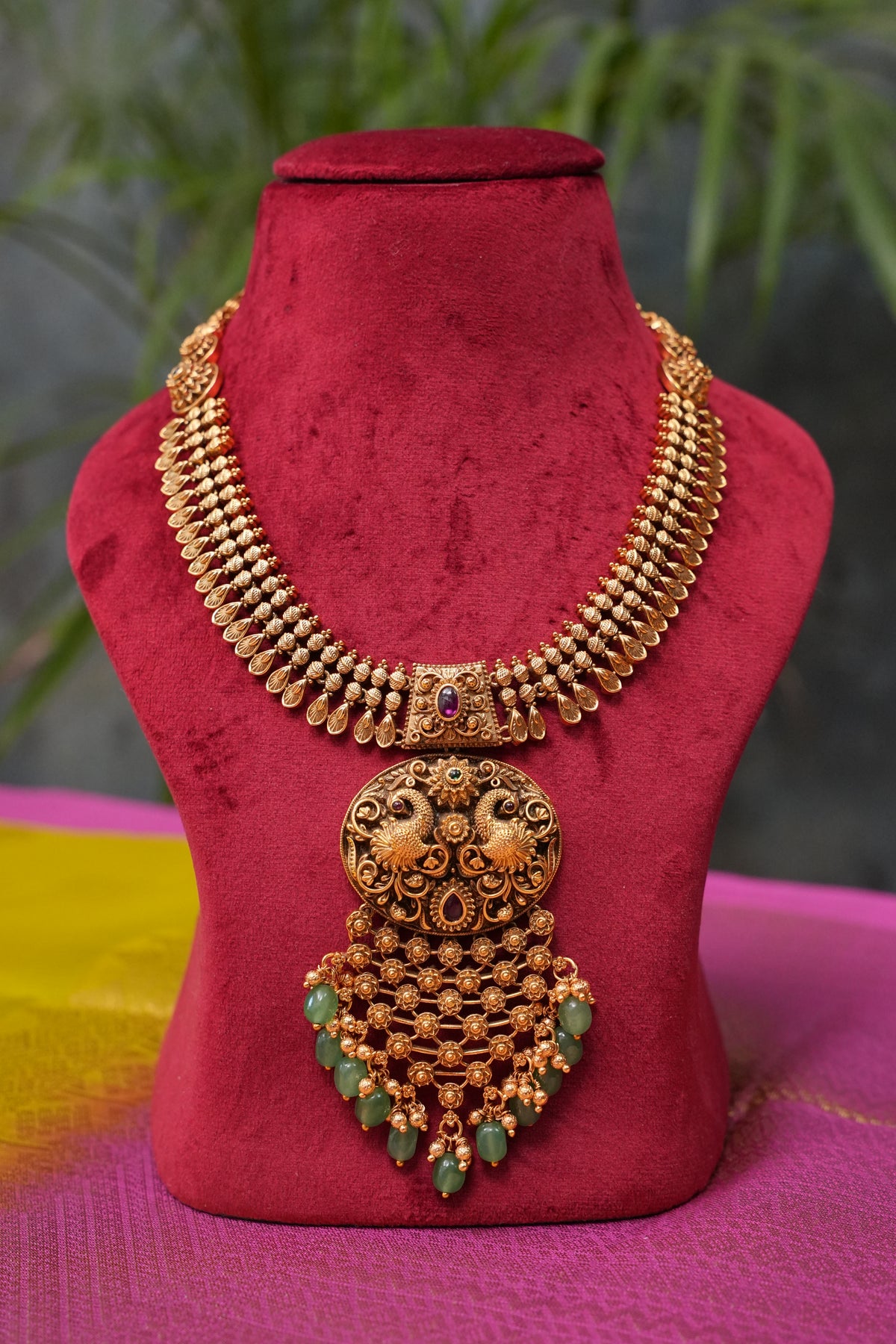 Antique Gold-Plated Temple Pendant Necklace Set with Mint Green Stone Drops